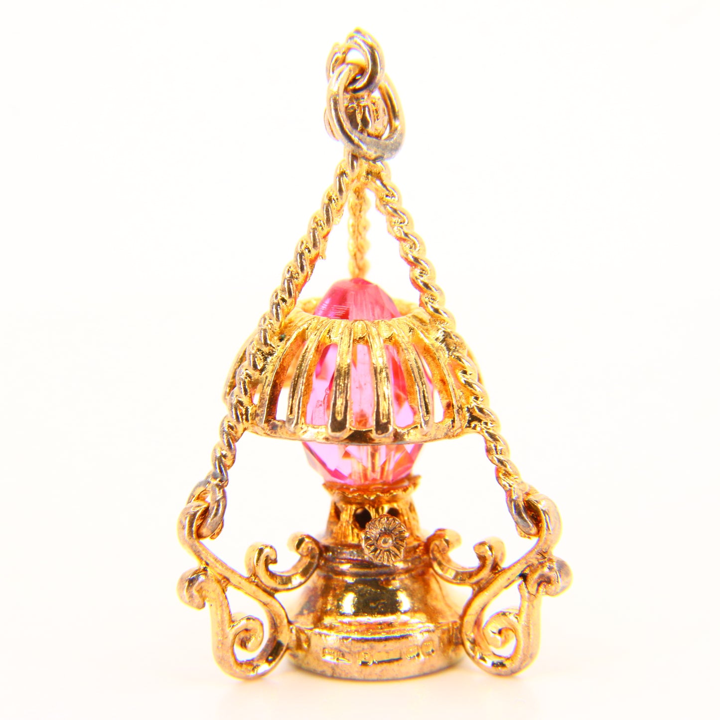 Vintage 9ct Pink Crystal Lantern Pendant Hallmarked Solid Gold 3D Oil Lamp Charm