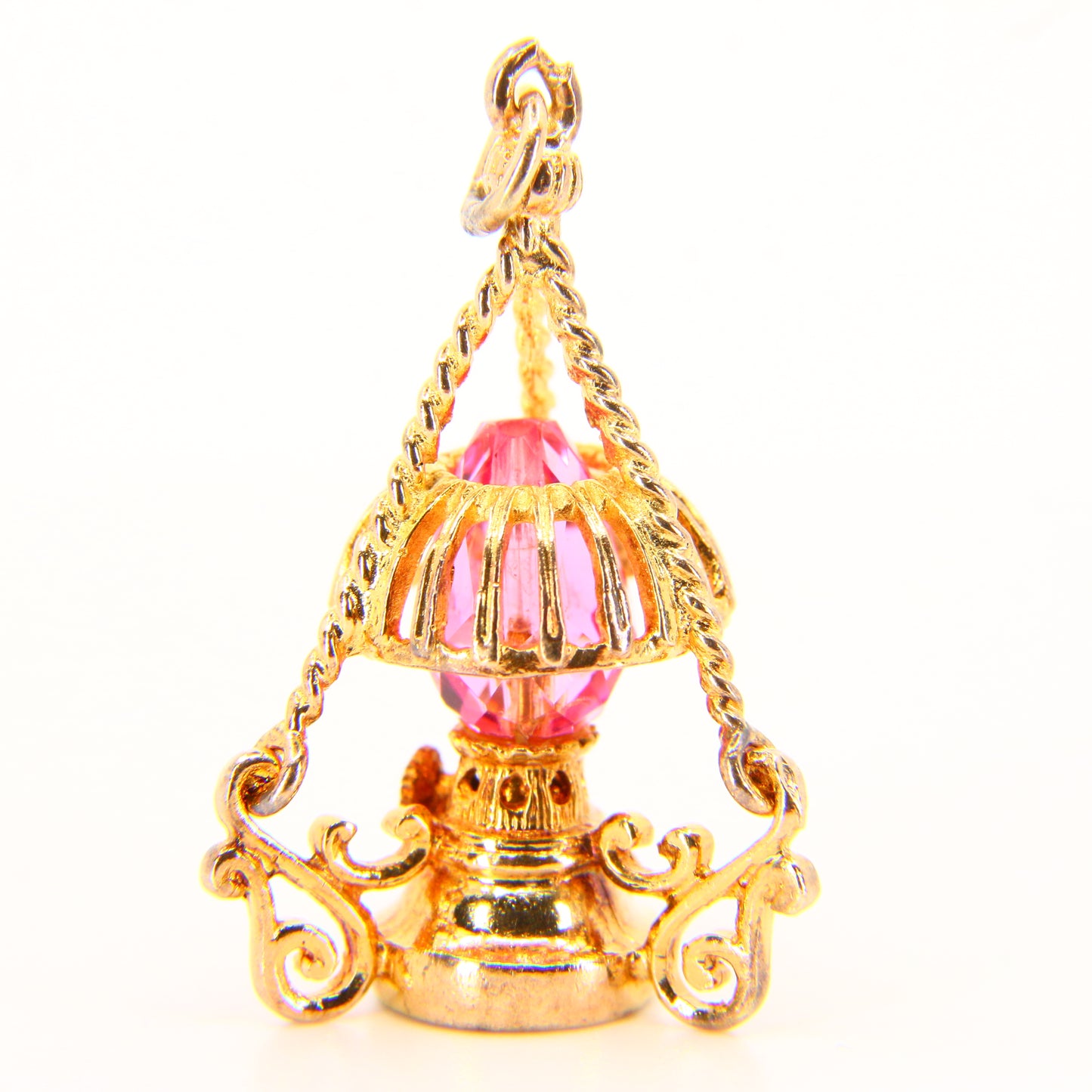 Vintage 9ct Pink Crystal Lantern Pendant Hallmarked Solid Gold 3D Oil Lamp Charm