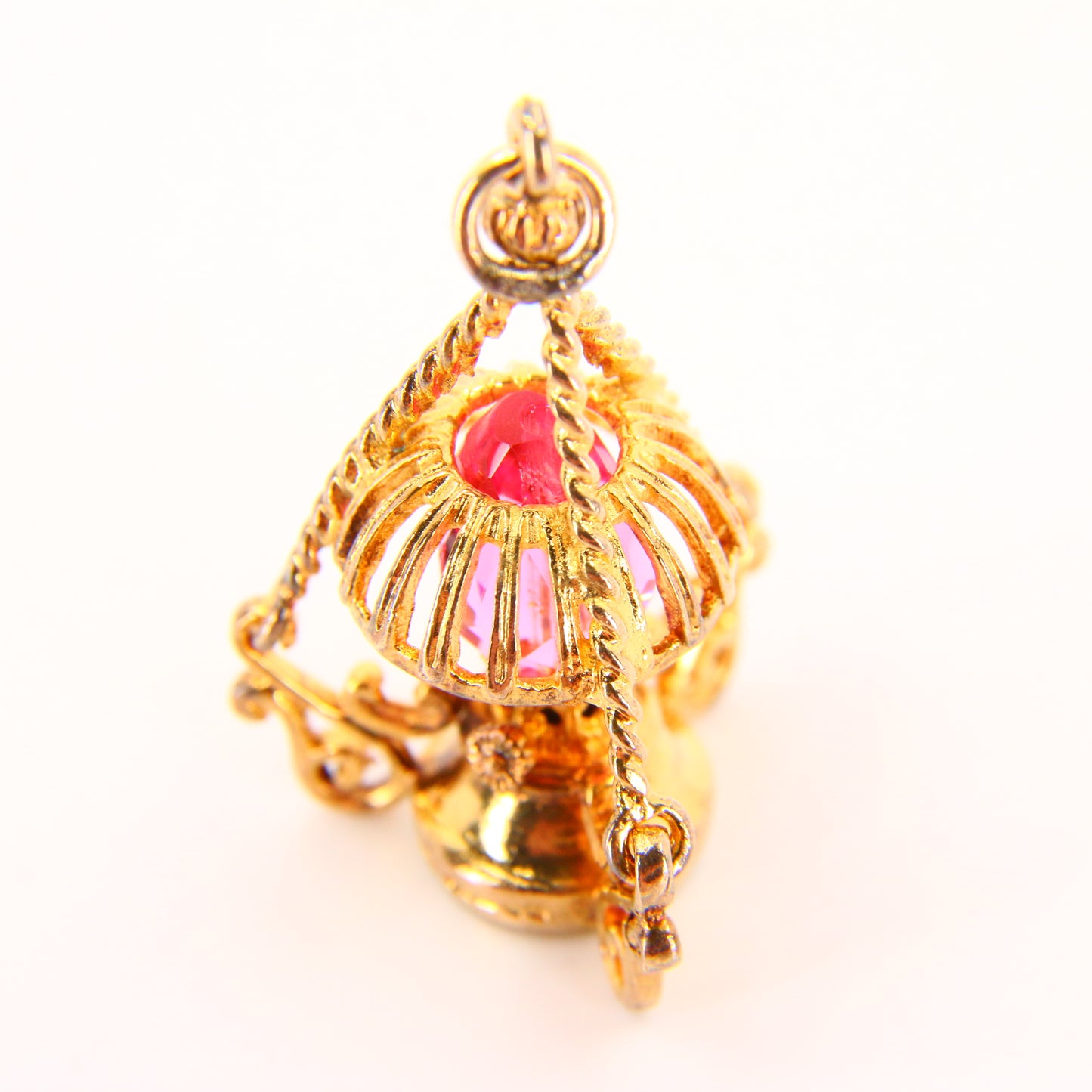 Vintage 9ct Pink Crystal Lantern Pendant Hallmarked Solid Gold 3D Oil Lamp Charm