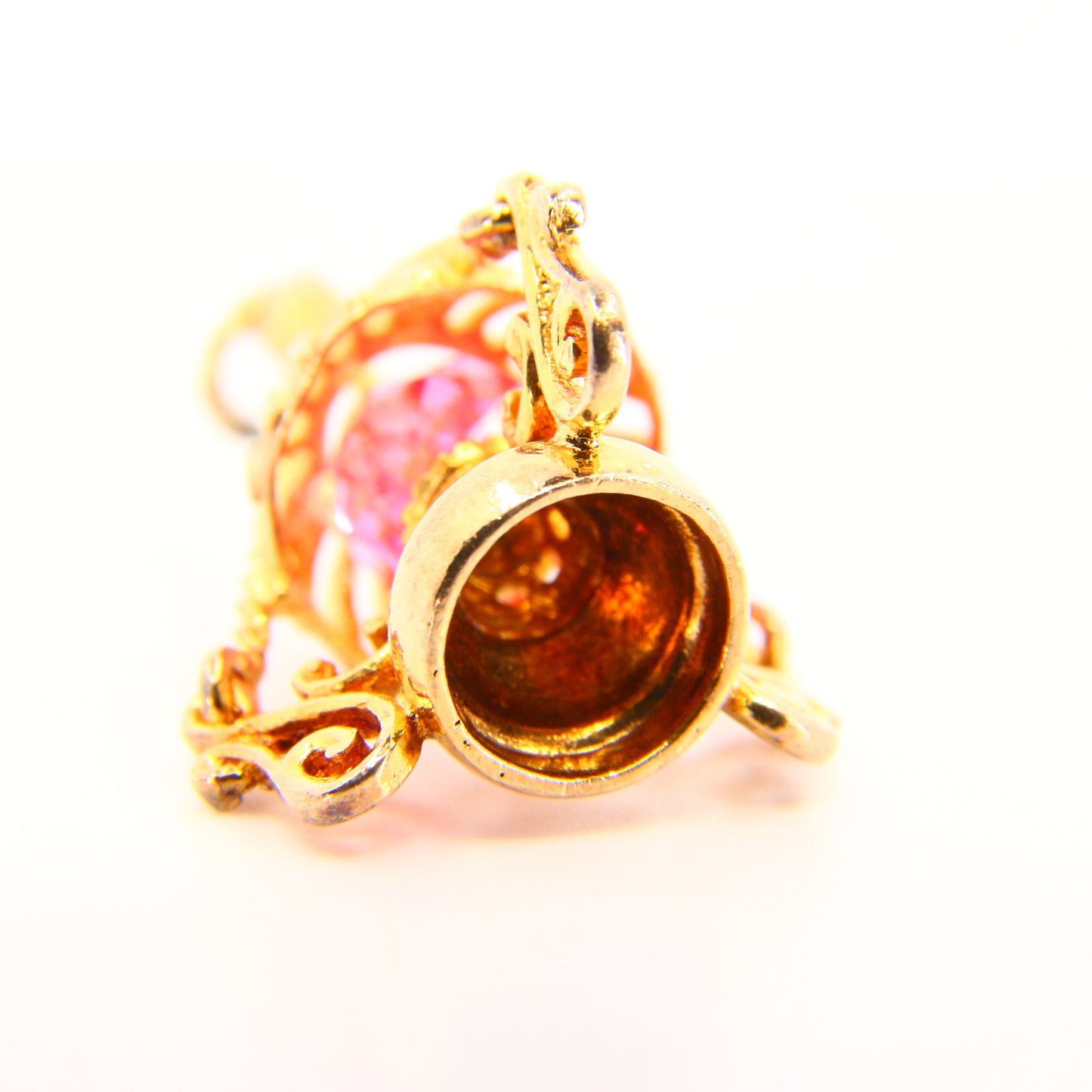 Vintage 9ct Pink Crystal Lantern Pendant Hallmarked Solid Gold 3D Oil Lamp Charm
