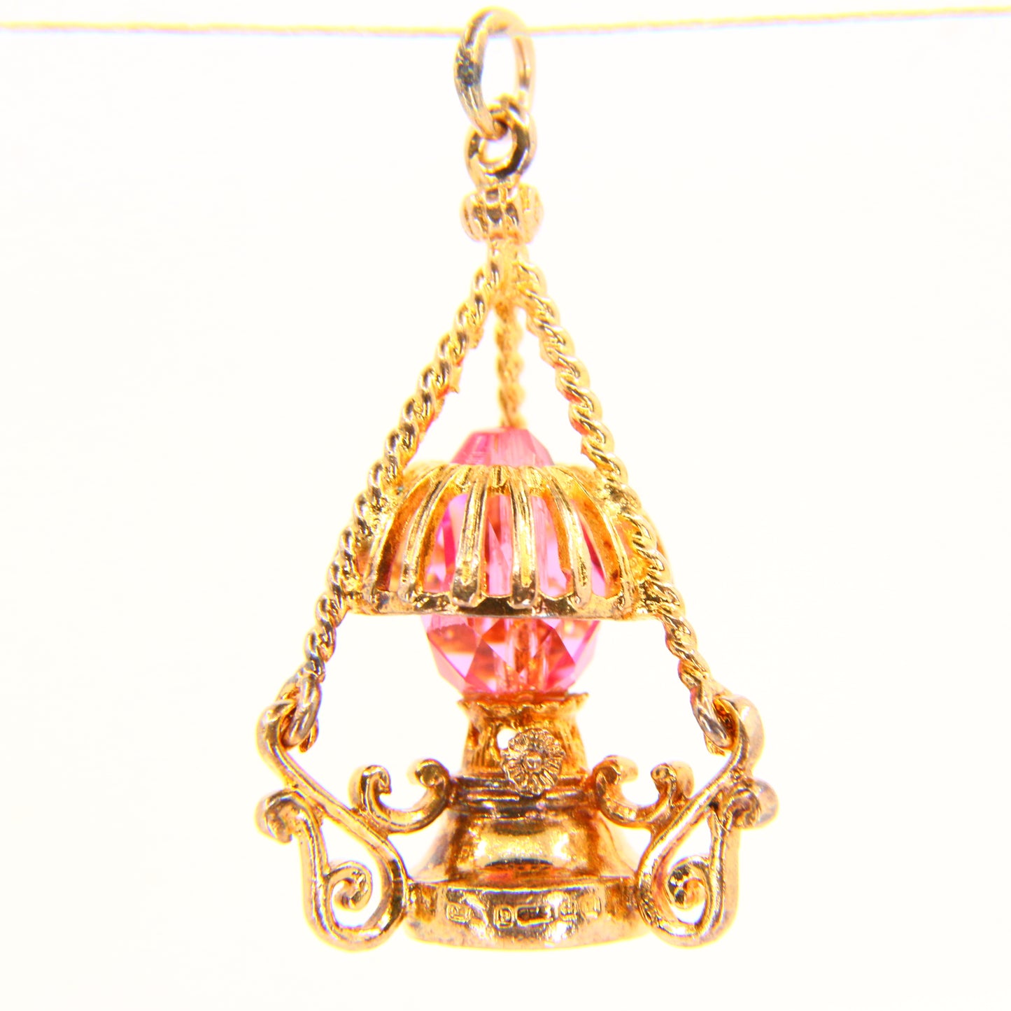 Vintage 9ct Pink Crystal Lantern Pendant Hallmarked Solid Gold 3D Oil Lamp Charm