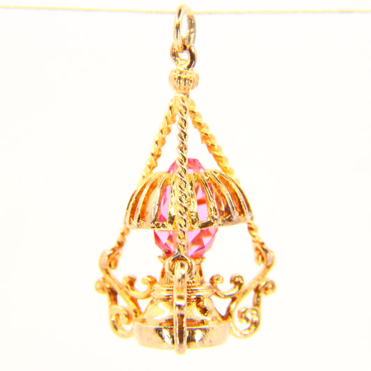 Vintage 9ct Pink Crystal Lantern Pendant Hallmarked Solid Gold 3D Oil Lamp Charm