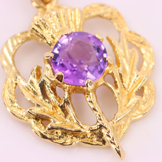 Vintage 9ct Hallmarked Gold Scottish Thistle Pendant Purple Stone Charm