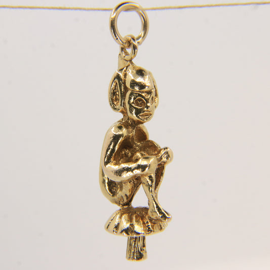 Vintage 9ct Hallmarked Elf on Mushroom Pendant Charm Fantasy Yellow Gold Gift