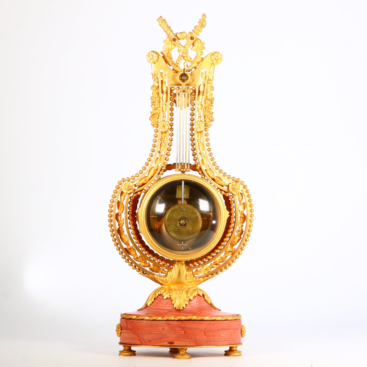 Antique Clock 1900's Marble French Ormolu Lyre Garniture with Swinging Pendulum Striking Mantel Clock