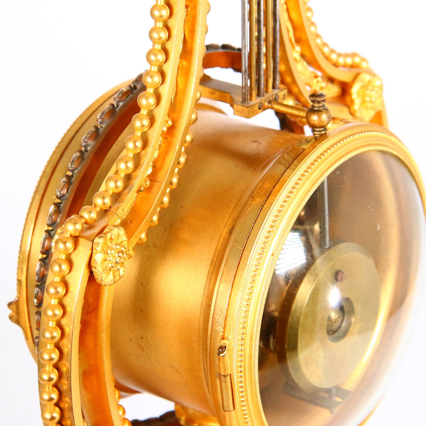 Antique Clock 1900's Marble French Ormolu Lyre Garniture with Swinging Pendulum Striking Mantel Clock