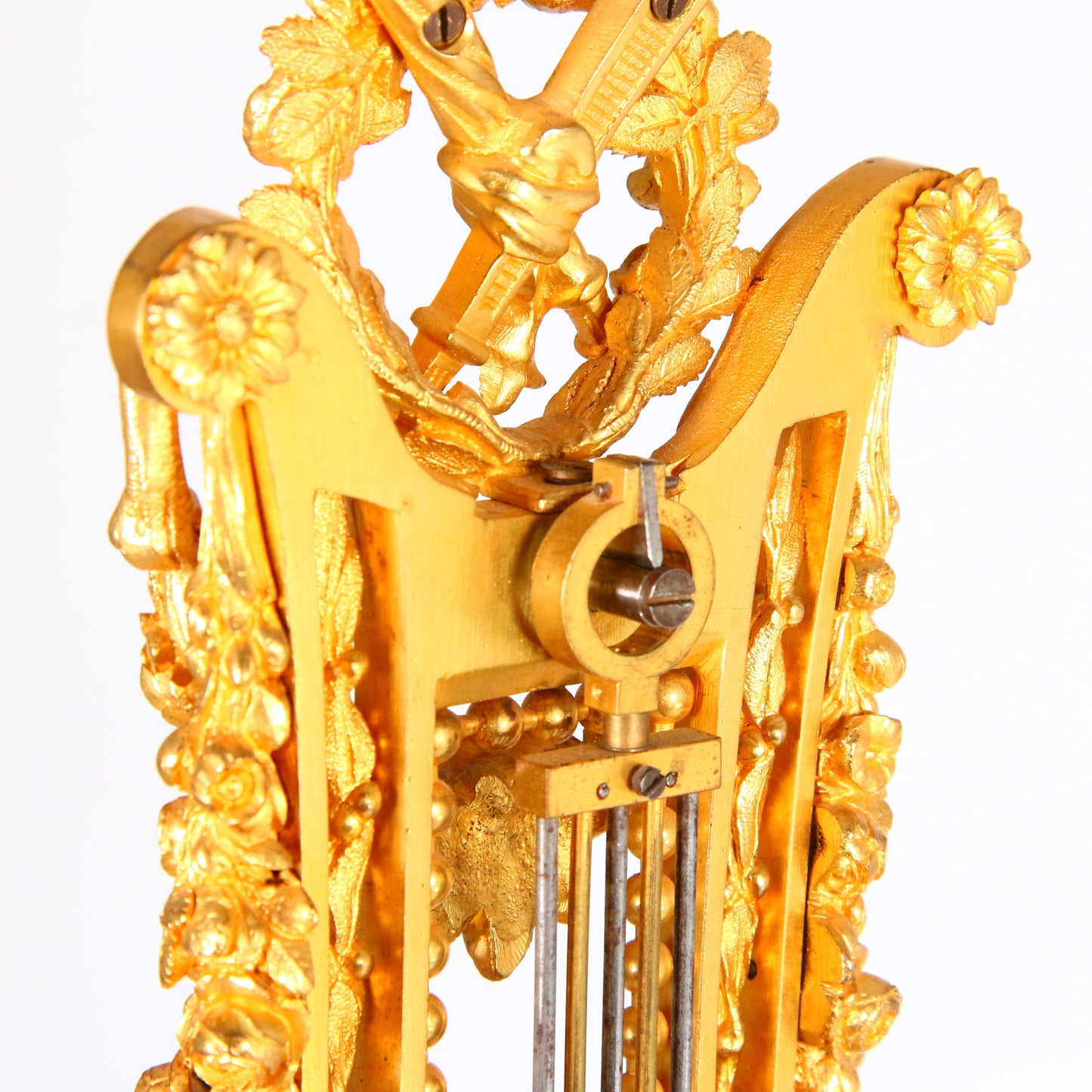 Antique Clock 1900's Marble French Ormolu Lyre Garniture with Swinging Pendulum Striking Mantel Clock