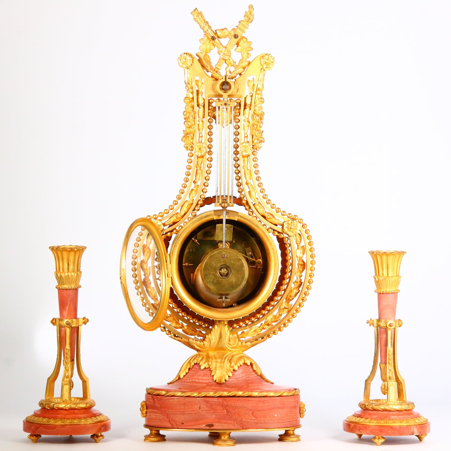 Antique Clock 1900's Marble French Ormolu Lyre Garniture with Swinging Pendulum Striking Mantel Clock