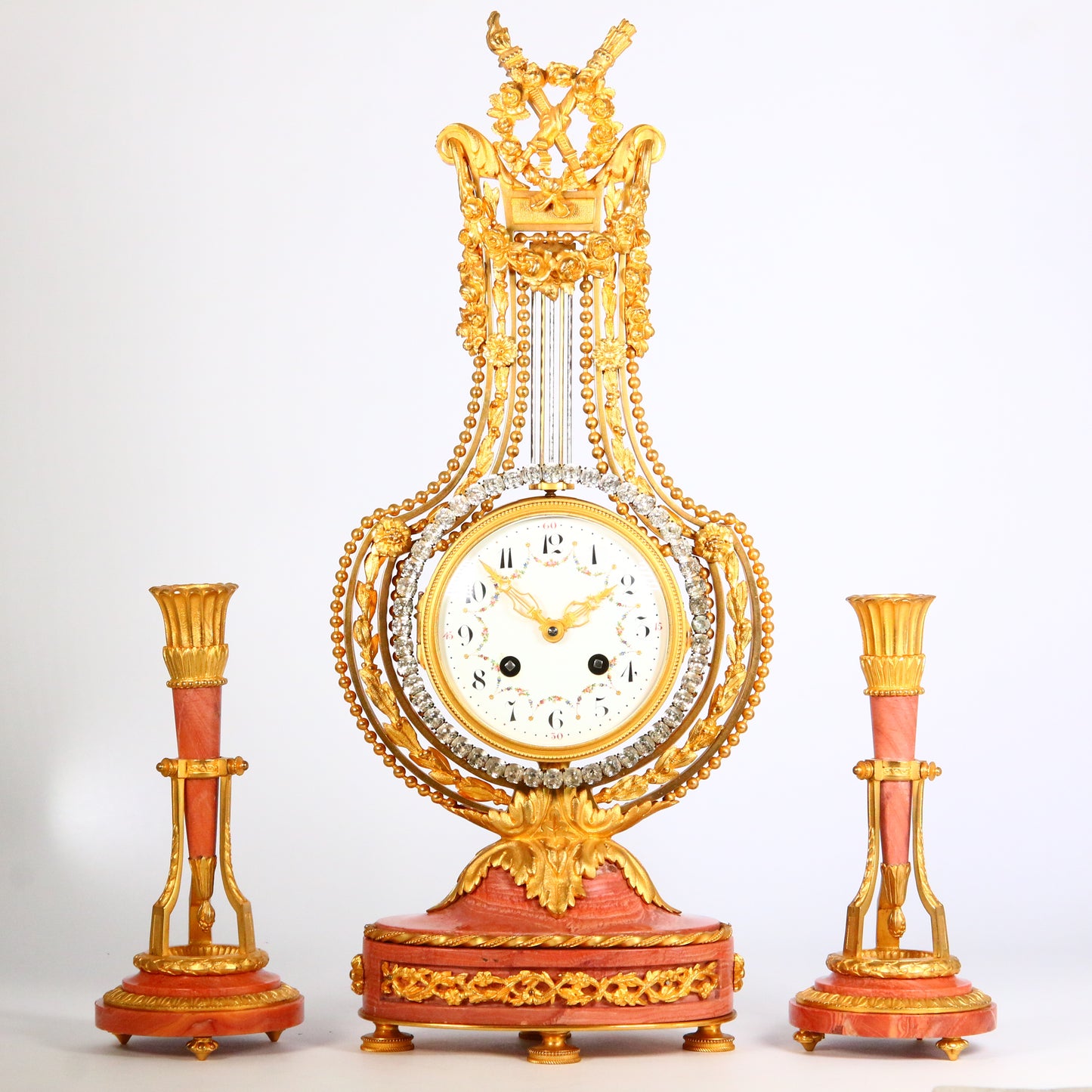 Antique Clock 1900's Marble French Ormolu Lyre Garniture with Swinging Pendulum Striking Mantel Clock