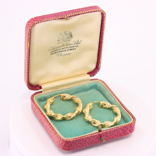 Vintage 9ct Hallmarked Yellow Gold Twist Creole Hoop Earrings Boxed Gift