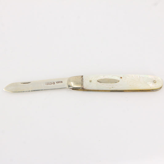 Antique Sterling Silver Hallmarked Mother Pearl Floral Inlay Folding Fruit Knife 1921