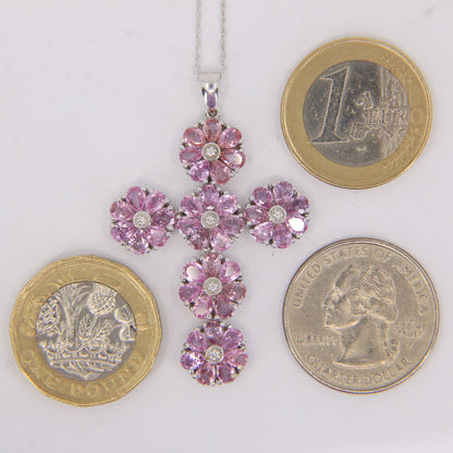 Vintage 18ct Hallmarked White Gold Pink Sapphire Diamond 18 Inch Cross Pendant Necklace
