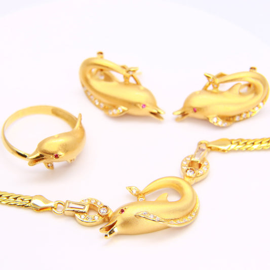 Vintage 18 Carat Yellow Gold Dolphin Jewellery Set Boxed, Earrings, Ring, Necklace