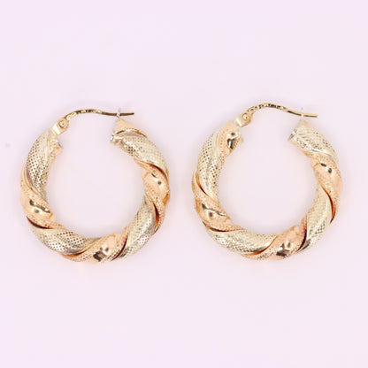 Vintage 9ct Hallmarked Two Tone Gold Twist Hoop Earrings Italian Boxed Gift