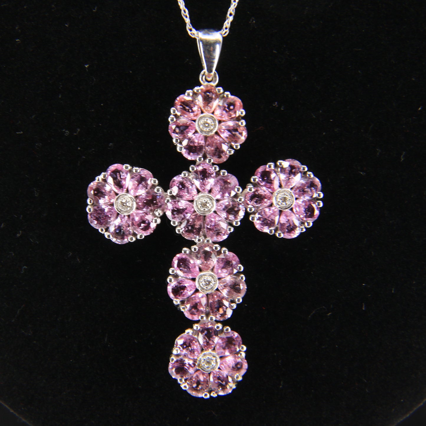 Vintage 18ct Hallmarked White Gold Pink Sapphire Diamond 18 Inch Cross Pendant Necklace