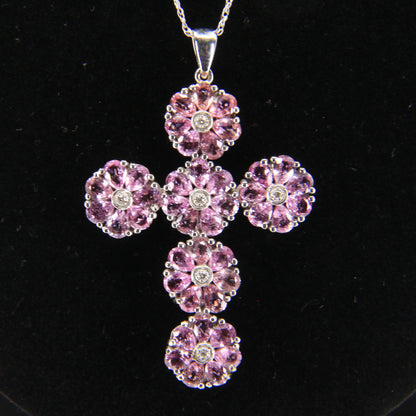 Vintage 18ct Hallmarked White Gold Pink Sapphire Diamond 18 Inch Cross Pendant Necklace