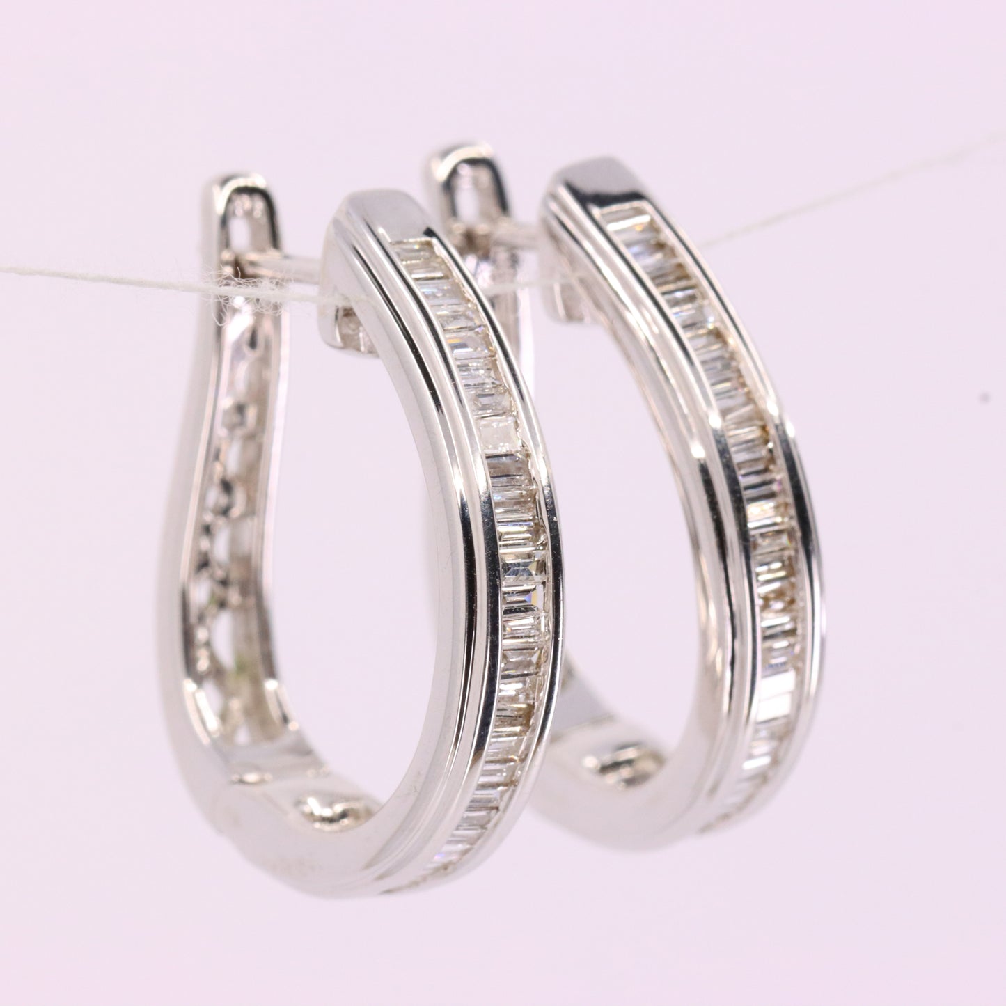 Vintage 9ct Hallmarked White Gold Hoop Earrings Diamond Baguette Set Boxed Gift