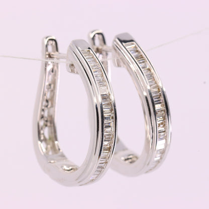 Vintage 9ct Hallmarked White Gold Hoop Earrings Diamond Baguette Set Boxed Gift