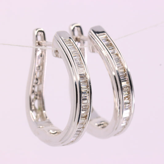 Vintage 9ct Hallmarked White Gold Hoop Earrings Diamond Baguette Set Boxed Gift