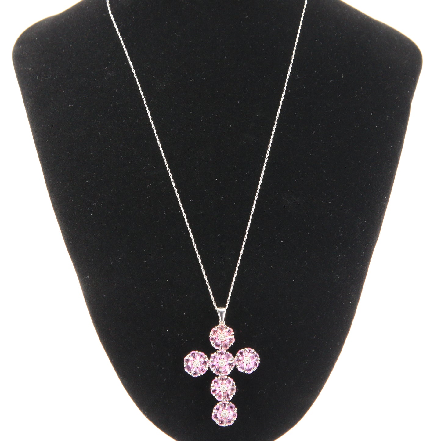 Vintage 18ct Hallmarked White Gold Pink Sapphire Diamond 18 Inch Cross Pendant Necklace
