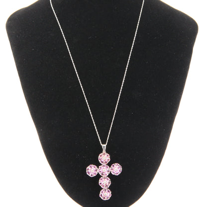 Vintage 18ct Hallmarked White Gold Pink Sapphire Diamond 18 Inch Cross Pendant Necklace