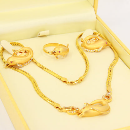 Vintage 18 Carat Yellow Gold Dolphin Jewellery Set Boxed, Earrings, Ring, Necklace