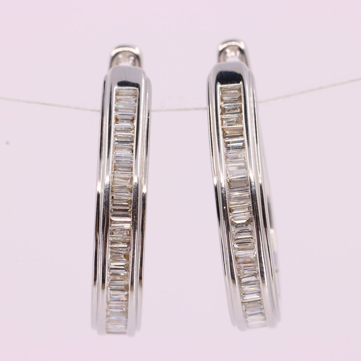Vintage 9ct Hallmarked White Gold Hoop Earrings Diamond Baguette Set Boxed Gift