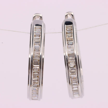 Vintage 9ct Hallmarked White Gold Hoop Earrings Diamond Baguette Set Boxed Gift