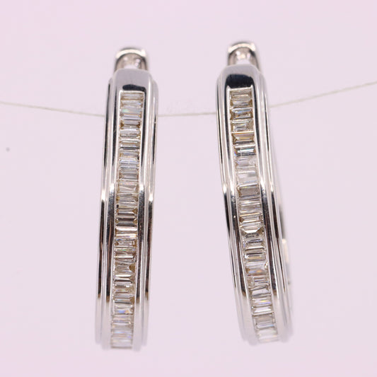 Vintage 9ct Hallmarked White Gold Hoop Earrings Diamond Baguette Set Boxed Gift