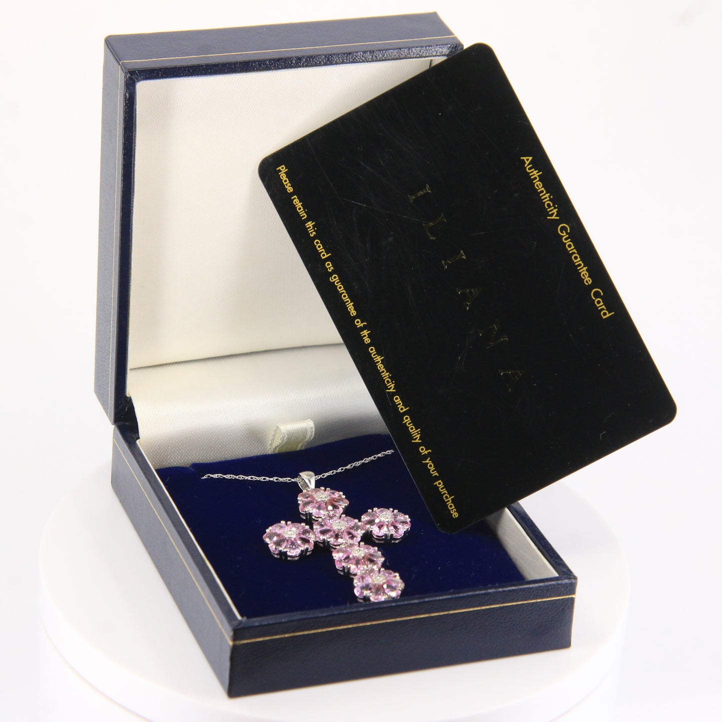 Vintage 18ct Hallmarked White Gold Pink Sapphire Diamond 18 Inch Cross Pendant Necklace