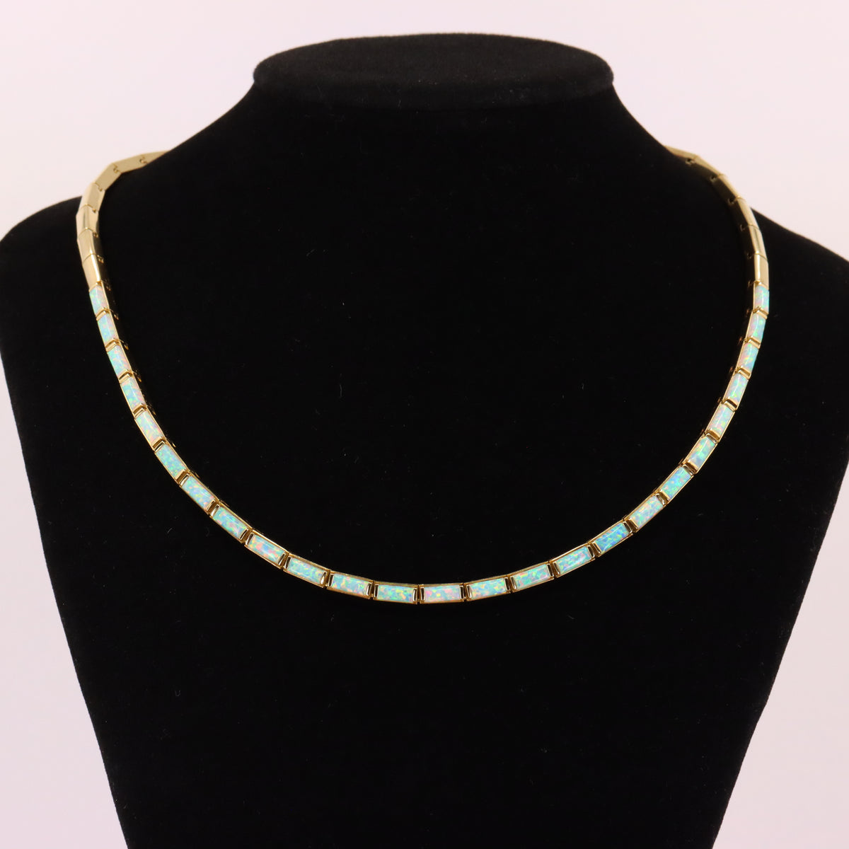 Vintage 14ct Hallmarked Yellow Gold Opal Panel Link Necklace 17.5 Inch Boxed
