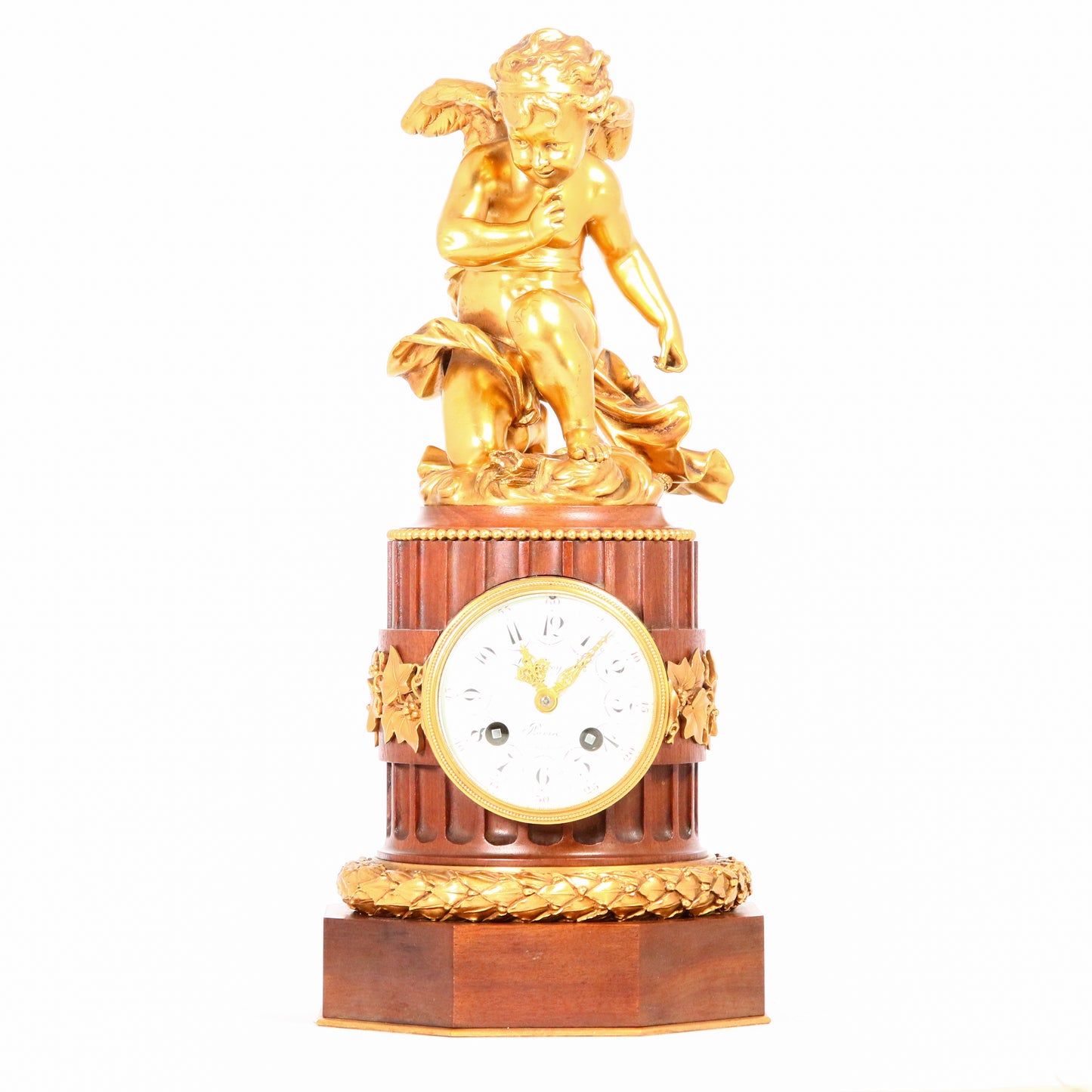 Antique Circa 1900 French Mahogany Gilt Bronze Cherub Clock Garniture Set Candle Sticks Floral Angel Antique Clock Leroy of Paris