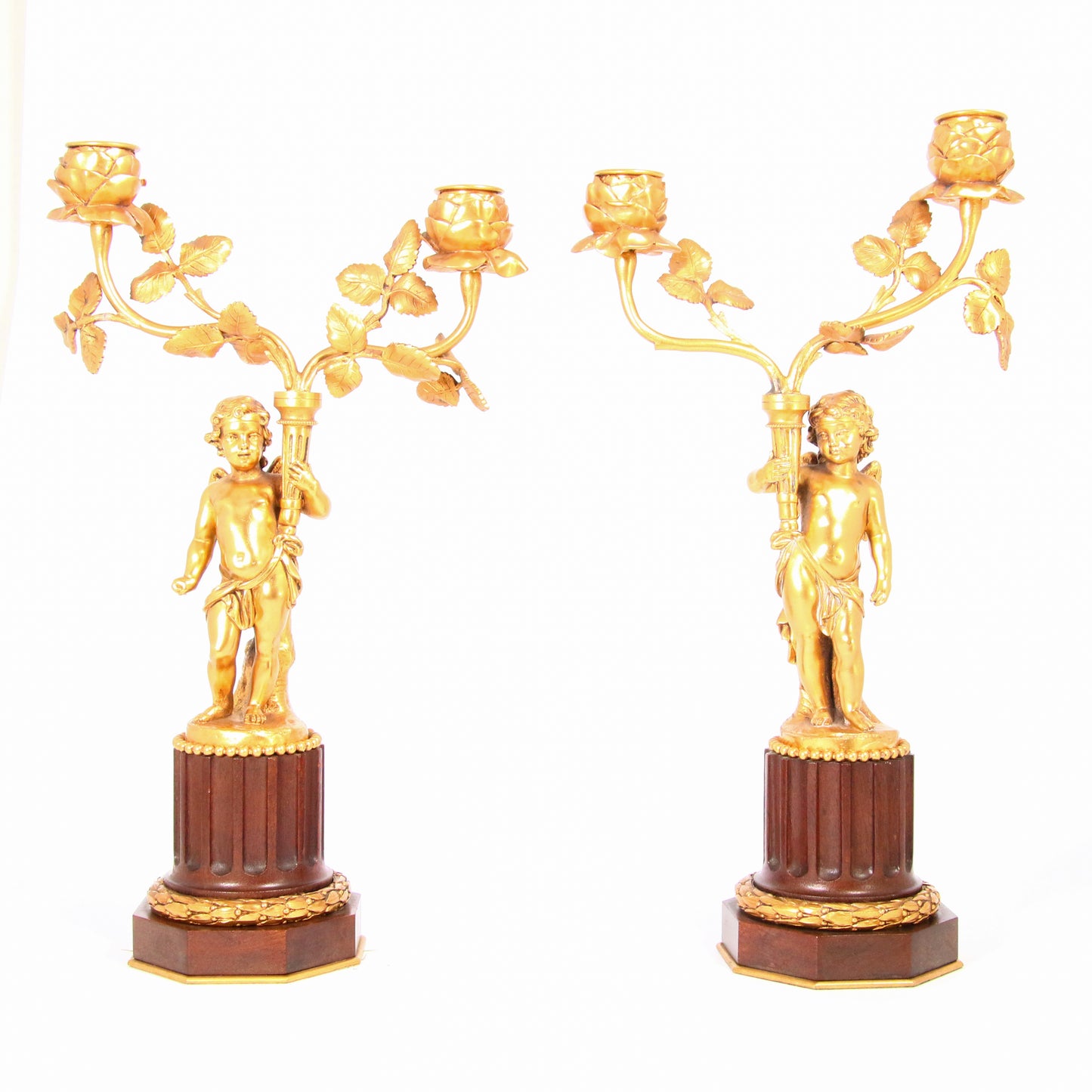 Antique Circa 1900 French Mahogany Gilt Bronze Cherub Clock Garniture Set Candle Sticks Floral Angel Antique Clock Leroy of Paris