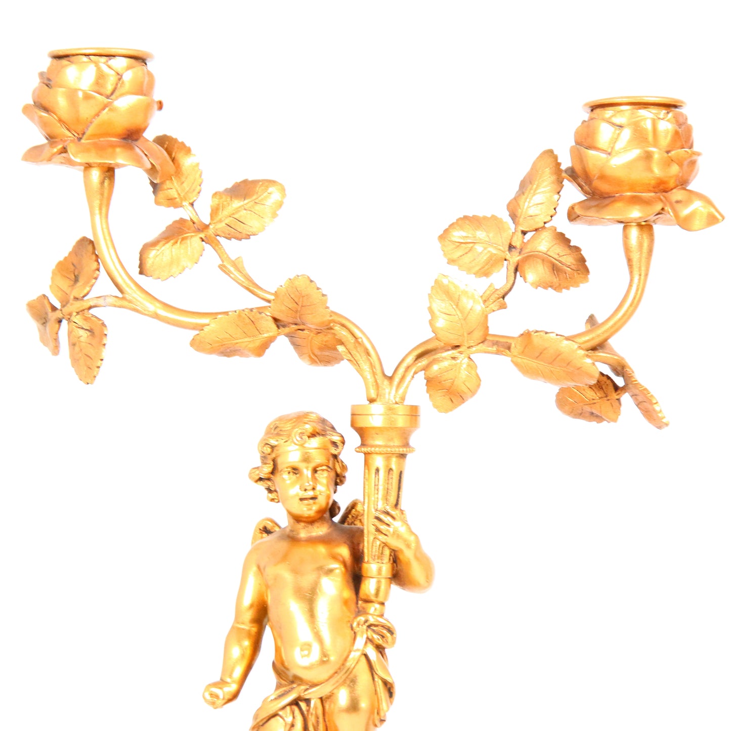 Antique Circa 1900 French Mahogany Gilt Bronze Cherub Clock Garniture Set Candle Sticks Floral Angel Antique Clock Leroy of Paris