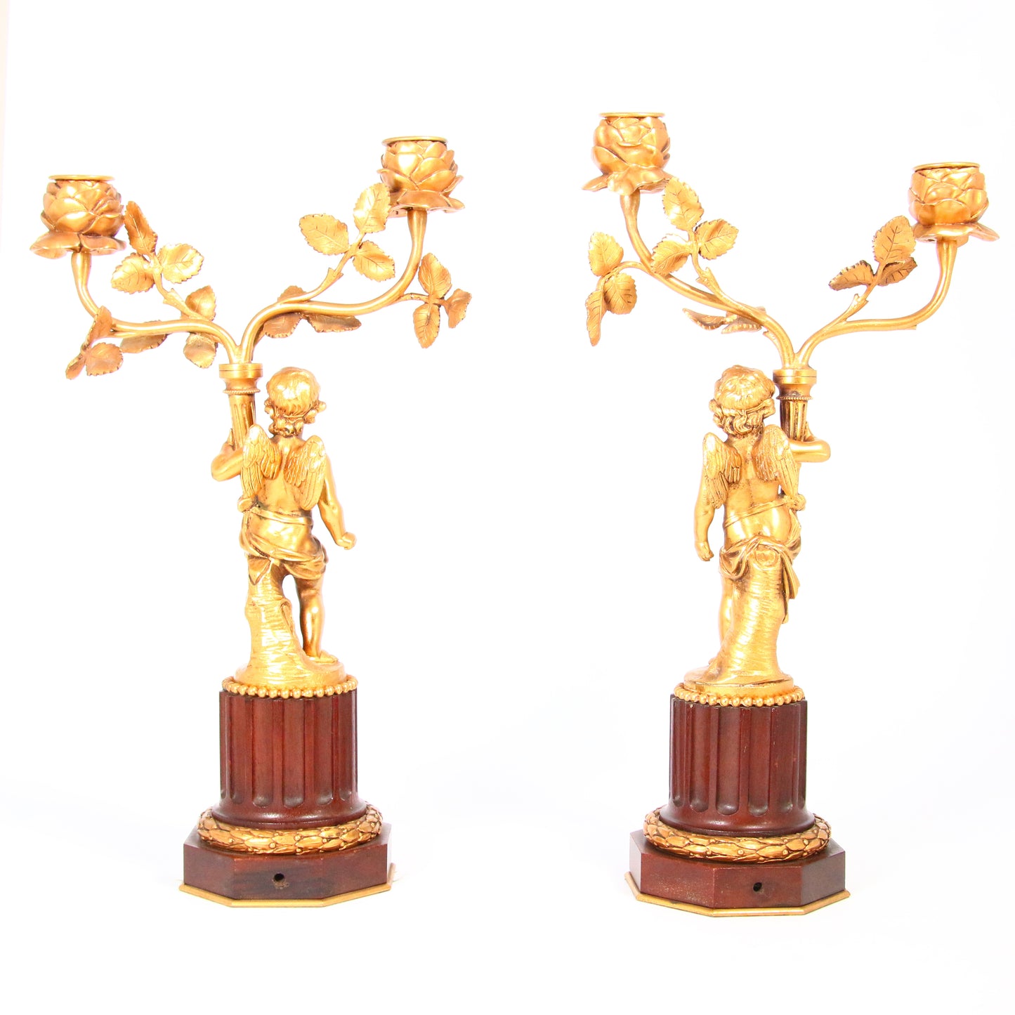 Antique Circa 1900 French Mahogany Gilt Bronze Cherub Clock Garniture Set Candle Sticks Floral Angel Antique Clock Leroy of Paris