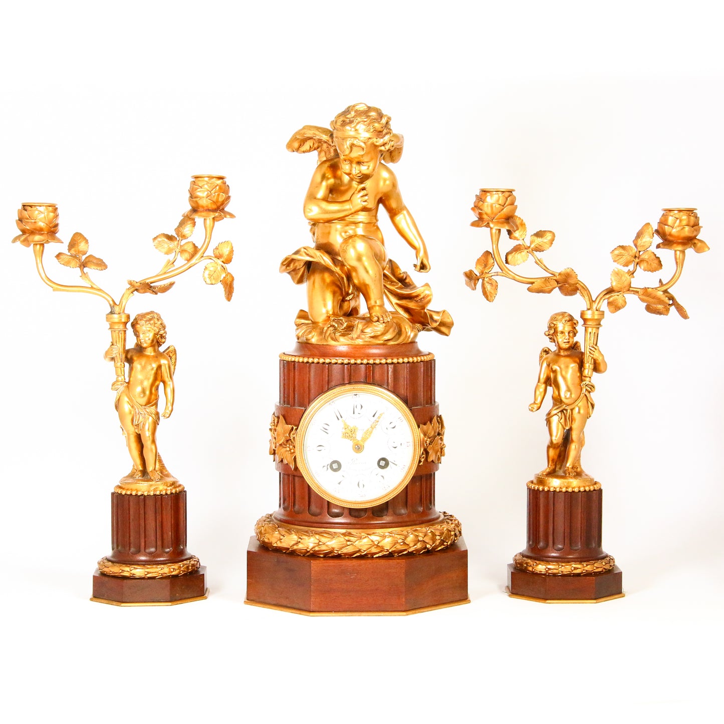 Antique Circa 1900 French Mahogany Gilt Bronze Cherub Clock Garniture Set Candle Sticks Floral Angel Antique Clock Leroy of Paris