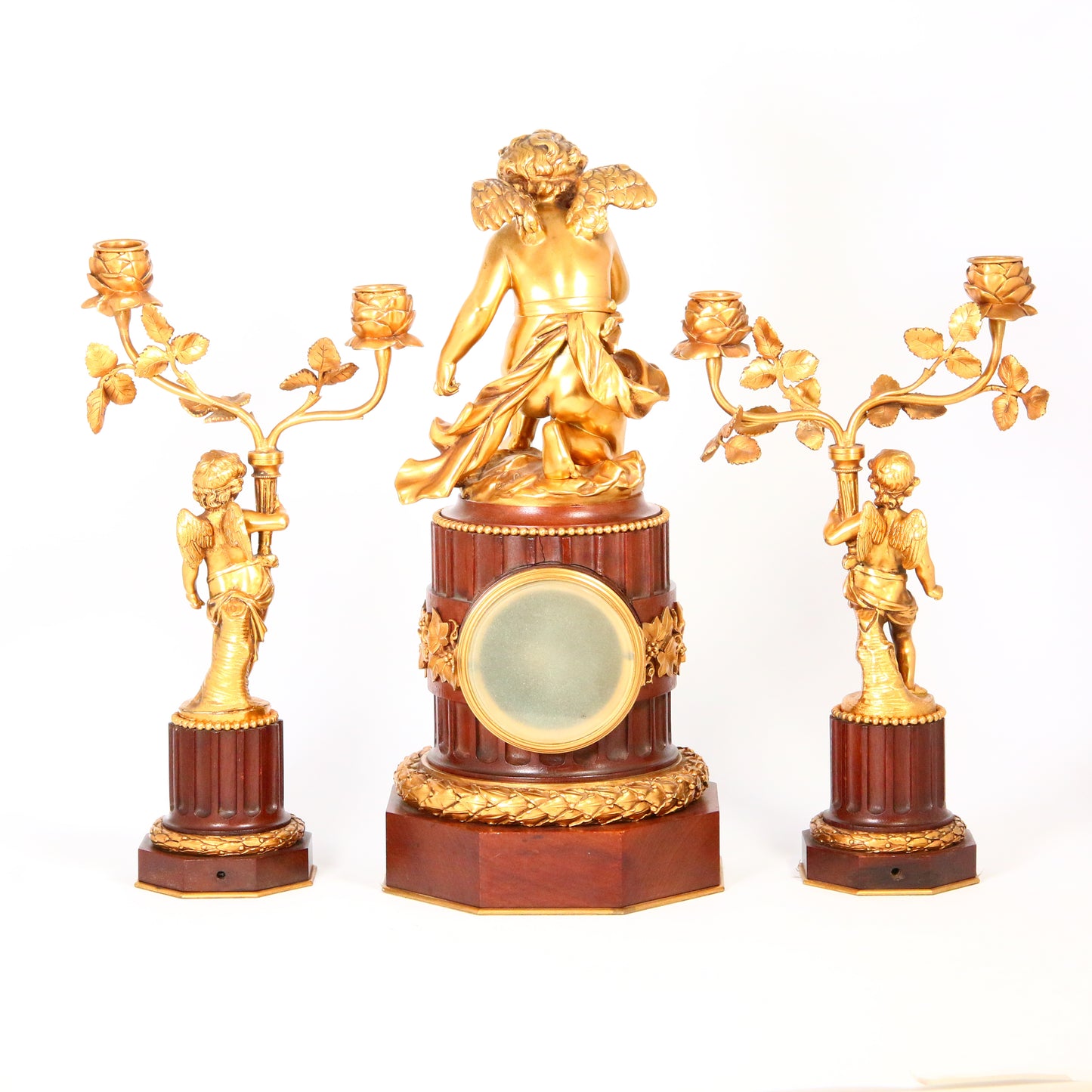 Antique Circa 1900 French Mahogany Gilt Bronze Cherub Clock Garniture Set Candle Sticks Floral Angel Antique Clock Leroy of Paris