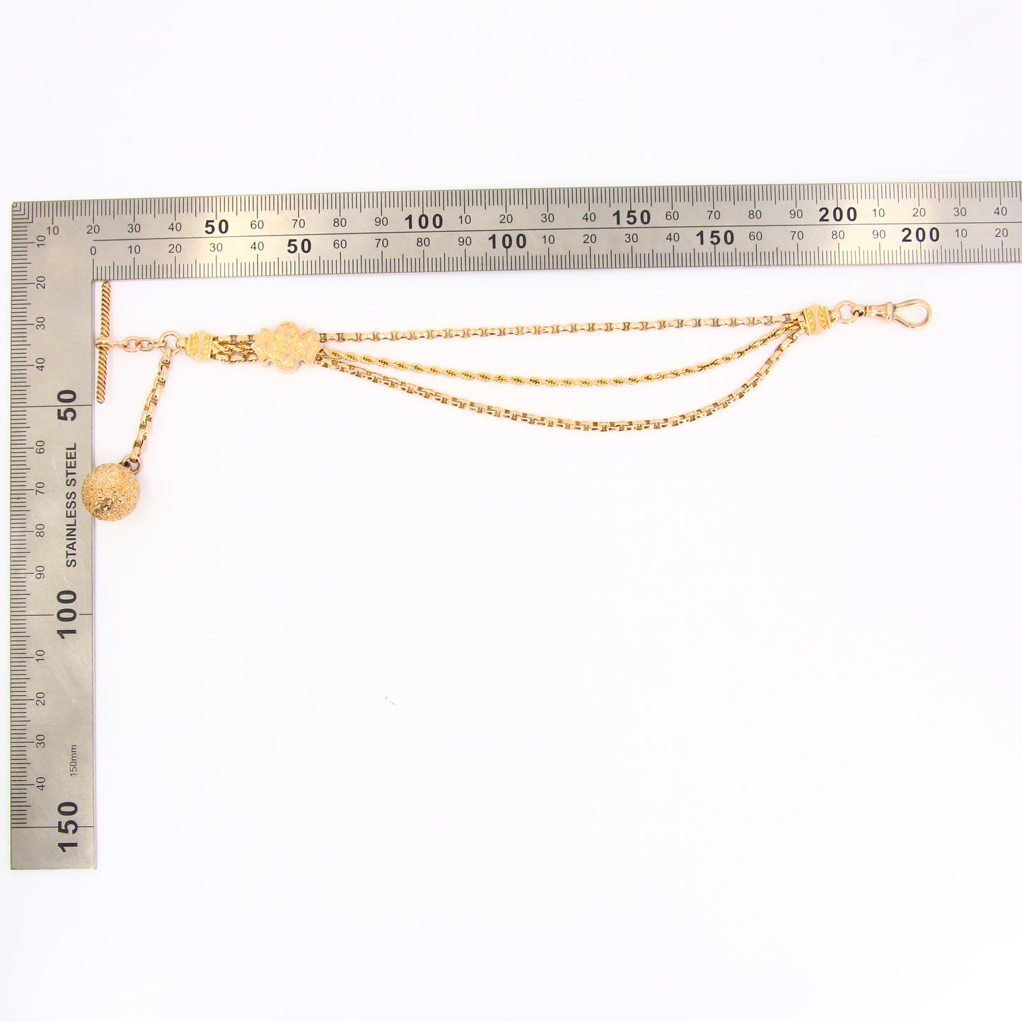 Antique 9ct Albertina Unmarked Yellow Gold 9 inch Chain T Bar with Ball Charm