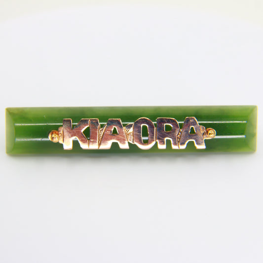 Vintage Kia Ora 9ct Jade Bar Brooch New Zealand Pounamu Yellow Gold NZ