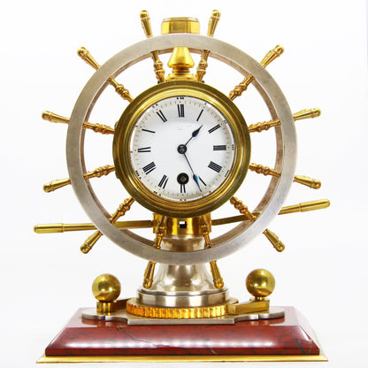 Antique French Nautical Desk Clock Gilt & Silvered Ships Wheel Circa 1890 by Antoine Redier