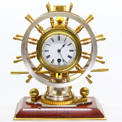 Antique French Nautical Desk Clock Gilt & Silvered Ships Wheel Circa 1890 by Antoine Redier