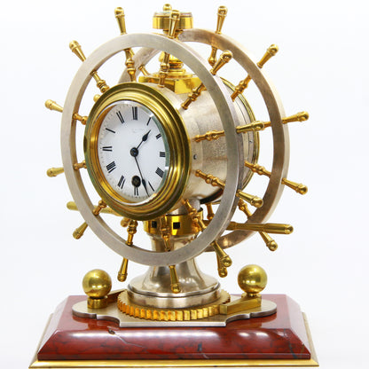 Antique French Nautical Desk Clock Gilt & Silvered Ships Wheel Circa 1890 by Antoine Redier