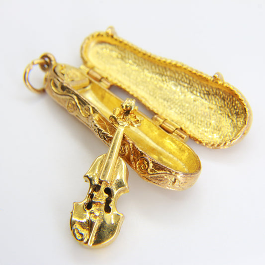 Vintage 9ct Violin in Case Opening Pendant Charm Detailed Gold Pendant