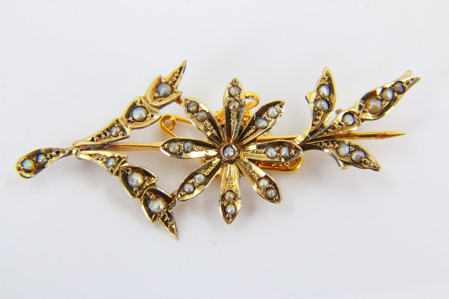 Antique Edwardian 9ct Gold Pearl Set Floral Spay Brooch Fine Gold Flower Brooch