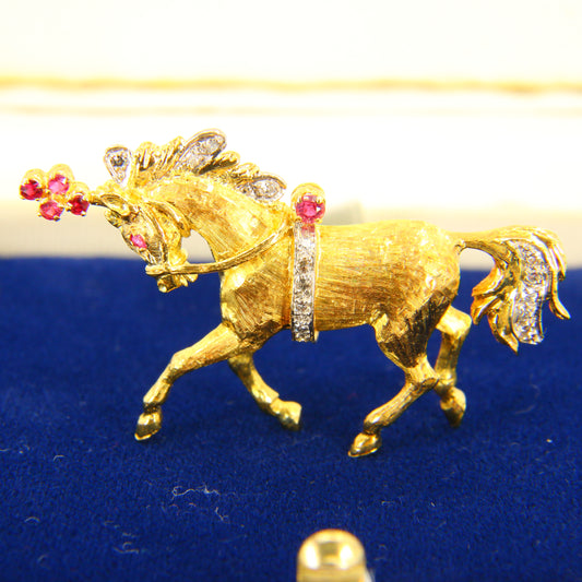 1969 Ben Rosenfeld Diamond and Ruby 18 Carat Yellow Gold Horse Brooch Hallmarked