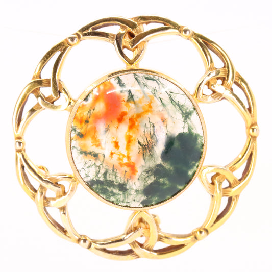 Vintage 9ct Hallmarked Gold Scottish Iona Cross Brooch Moss Agate Pin Boxed Gift