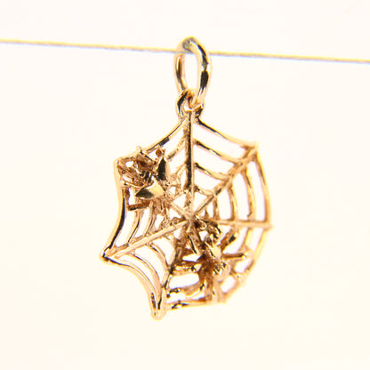 Vintage 9ct 3D Spiderweb Spider and Fly Charm Pendant Hallmarked Yellow Gold