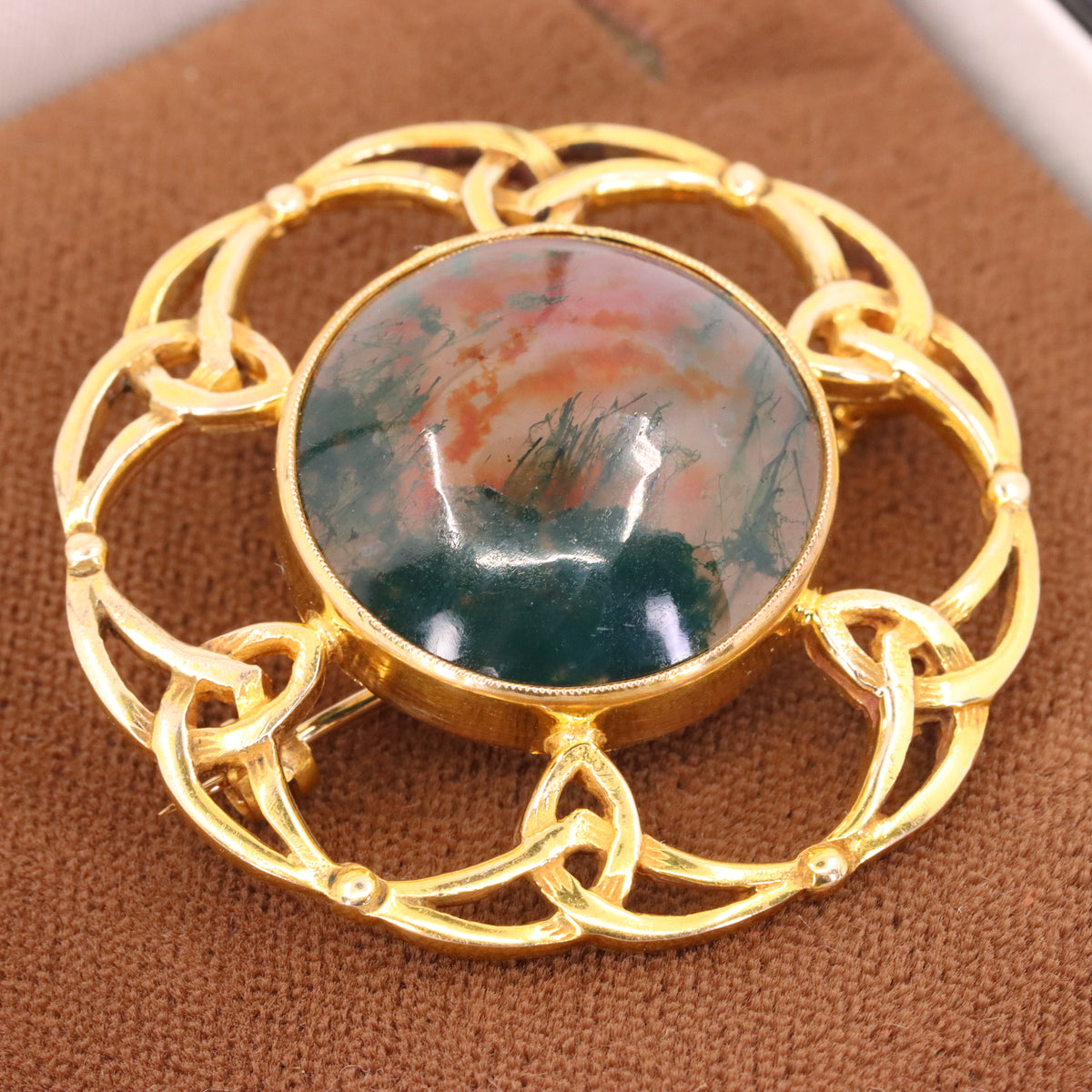 Vintage 9ct Hallmarked Gold Scottish Iona Celtic Brooch Moss Agate Boxed Gift
