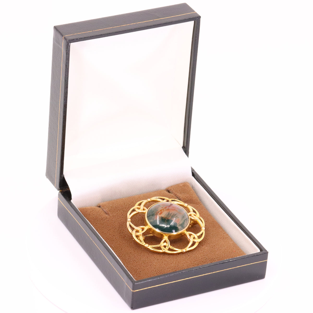 Vintage 9ct Hallmarked Gold Scottish Iona Celtic Brooch Moss Agate Boxed Gift