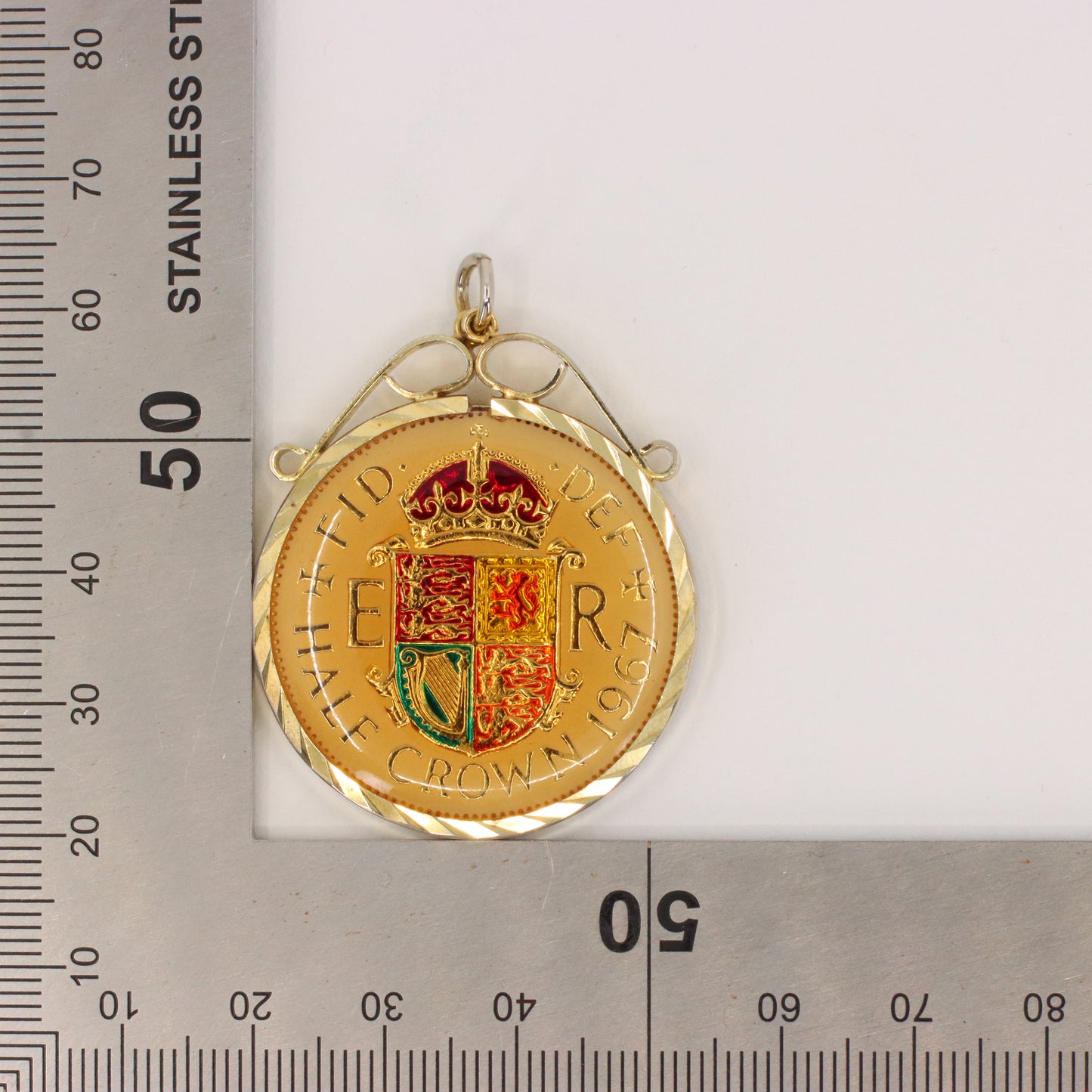 Vintage 1967 Half Crown Elizabeth II Enamel Hand Painted Cupronickel Pendant